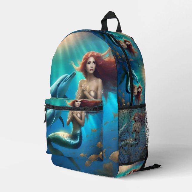 Angelic Mermaid Swimming With Dolphins, Printed Backpack (Back Corner Right)