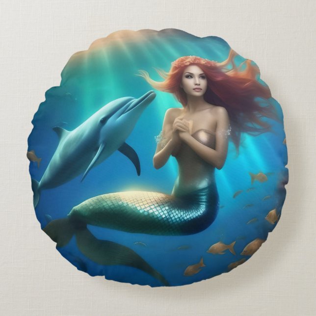 Angelic Mermaid Swimming With Dolphins, Round Cushion (Front)