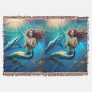 Angelic Mermaid Swimming With Dolphins, Throw Blanket