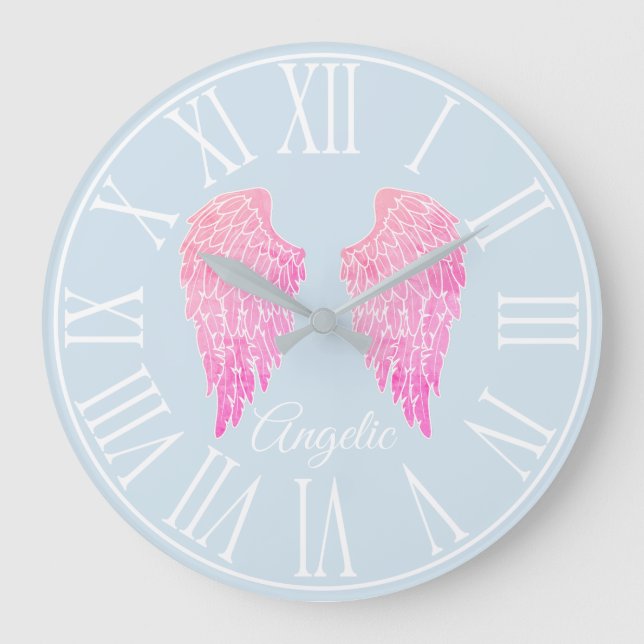 Angelic Pink Angel Wings & Light Blue Large Clock (Front)