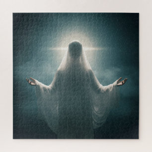 Angelic Robed Spirit Lifting Arms Above Clouds Jigsaw Puzzle