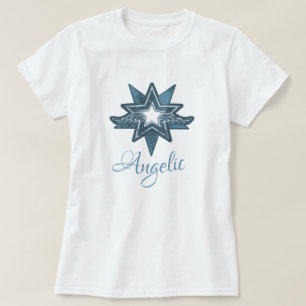 Angelic star wing art in blue graphic t-shirt