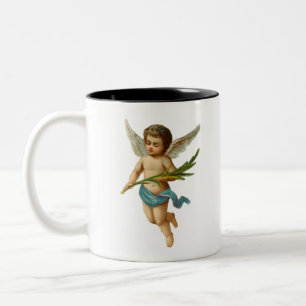 Angelic vintage baby cherub in blue with palms Two-Tone coffee mug