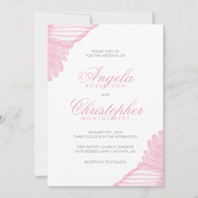 Angelic Wing Feathers Pink and Grey Invitation (Front)