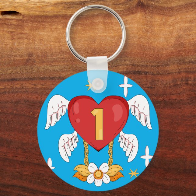 Angelic Wings Heart With Number One in The middle Key Ring (Front)