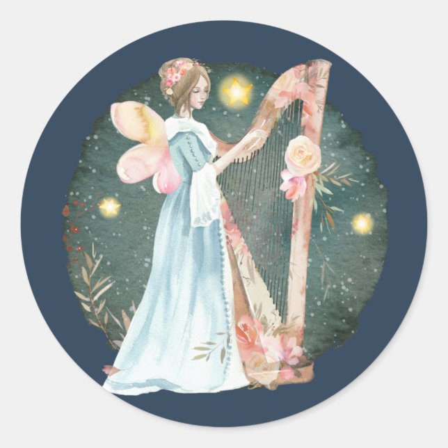 Angelic Winter Music Playing Angel     Classic Round Sticker (Front)