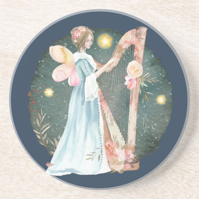 Angelic Winter Music Playing Angel  Coaster (Front)