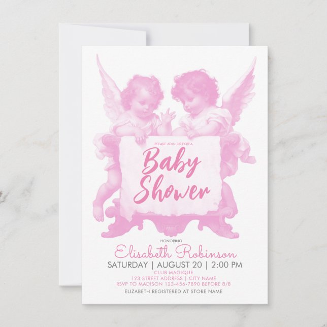 Angels Baby Shower Pink Personalised Invitation (Front)