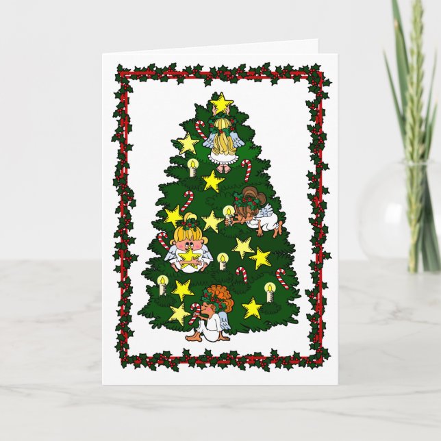 Angels Decorating Christmas Tree Holiday Card (Front)