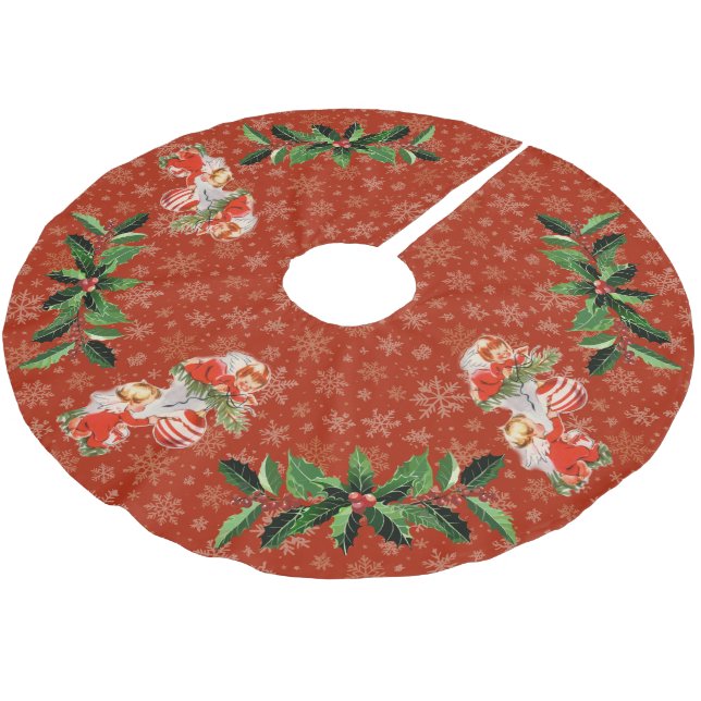 Angels Decorating Red | Gold Snowflakes Brushed Polyester Tree Skirt (Angled)