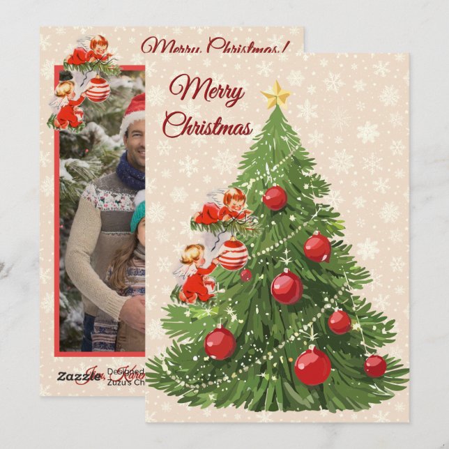 Angels Decorating the Tree | Creme Holiday Card (Front/Back)