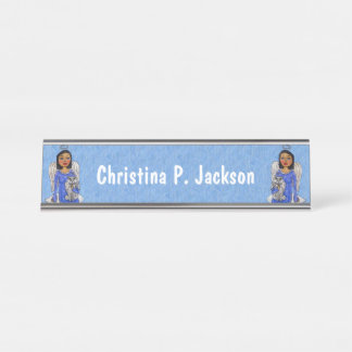 Angels Holding White Cat Angels on Cloud Blue Desk Name Plate
