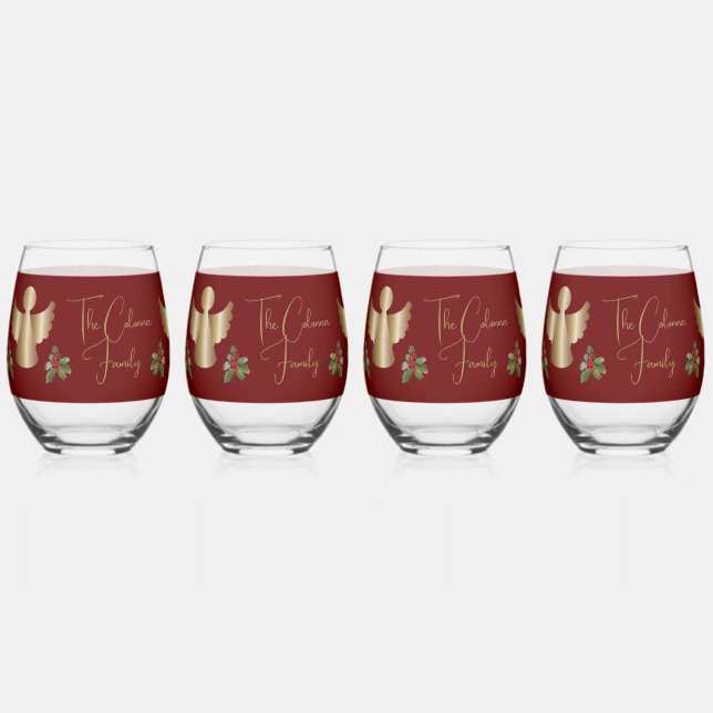 Angels & Holly Personalised Christmas  Stemless Wine Glass (Front)