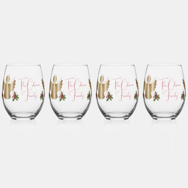 Angels & Holly Personalised Drinkware Set Stemless Wine Glass (Front)