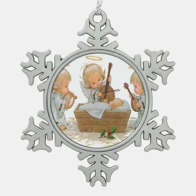 Angels in the Christmas Manger Pewter Snowflake or Ornament (Front)