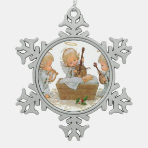 Angels in the Christmas Manger Pewter Snowflake or Snowflake Pewter Christmas Ornament