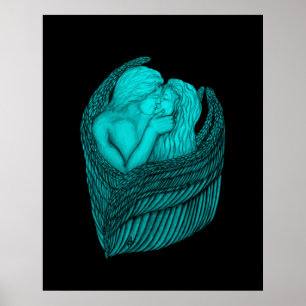 Angels Kissing , black and green Design Poster