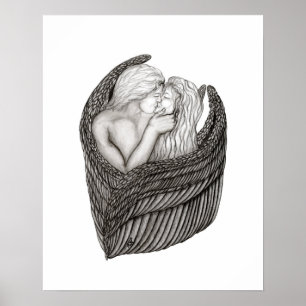 Angels Kissing , black and white Design Poster