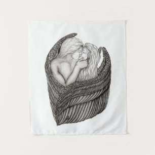 Angels Kissing , black and white Design Tapestry