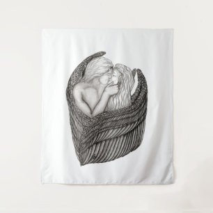 Angels Kissing , black and white Design Tapestry