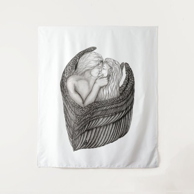 Angels Kissing , black and white Design Tapestry (Front)