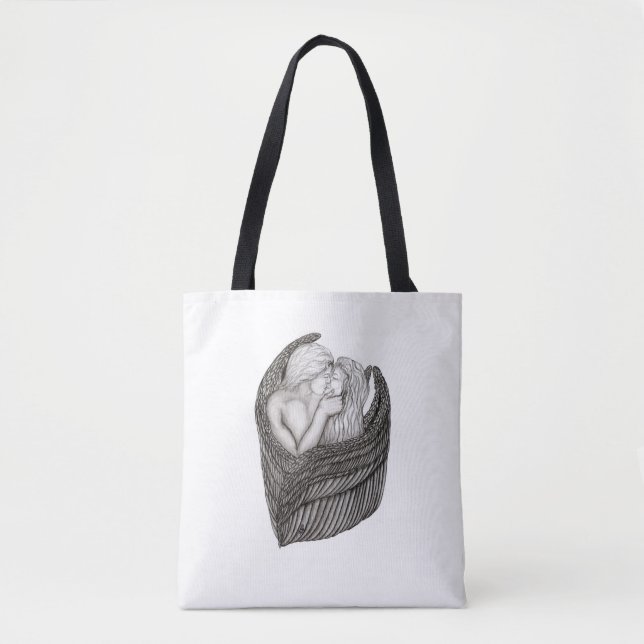 Angels Kissing , black and white Design Tote Bag (Front)