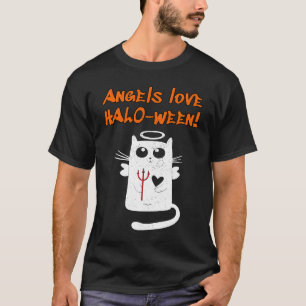 Angels Love HALO Ween cute with angel cat pitchfor T-Shirt
