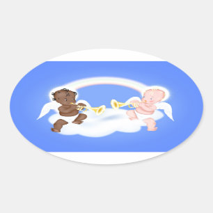 Angels on cloud oval sticker