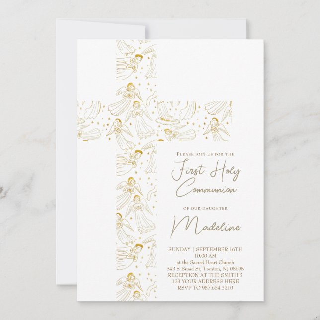 angels pattern cross First Holy Communion Invitation (Front)