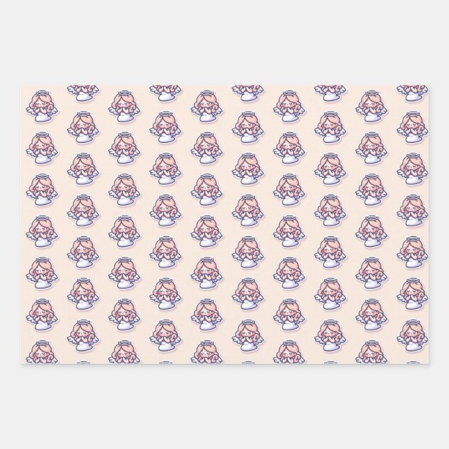 Angels Praying on Pink Background Wrapping Paper (Front)
