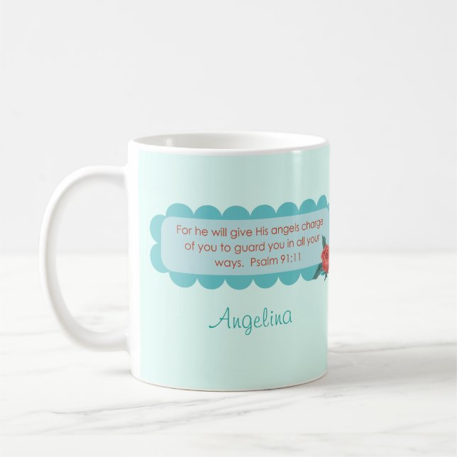 Angels Quote Psalm 91:11 Monogram Tea Coffee Mug (Left)