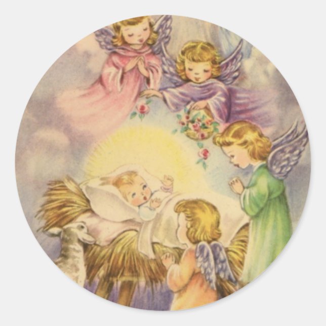 Angels Watching Over Baby Jesus Classic Round Sticker (Front)