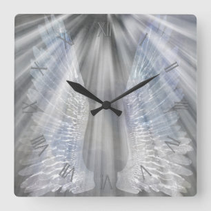 Angels wings and light square wall clock