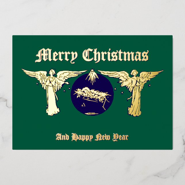Angels With Baby Jesus Christmas Nativity Foil Holiday Card (Front)