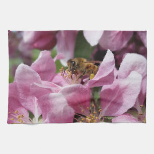Angery Honey Bee On Pink Crabapple blossom Tea Towel
