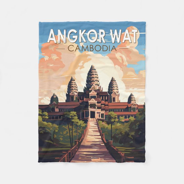 Angkor Wat Cambodia Travel Art Vintage Fleece Blanket (Front)