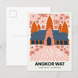 Angkor Wat Siem Reap Cambodia travel floral art Postcard