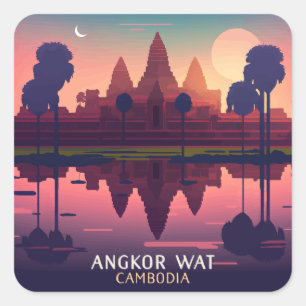 Angkor Wat Sunrise Cambodia Siem Reap Retro Square Sticker