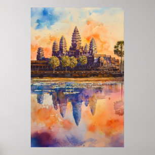 Angkor Wat Watercolor Travel Vintage National Poster