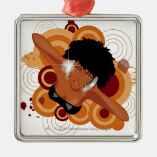 Angle of a woman enjoying music with headphones metal tree decoration