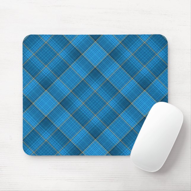 Angled Blue Plaid Pattern Mouse Mat (With Mouse)