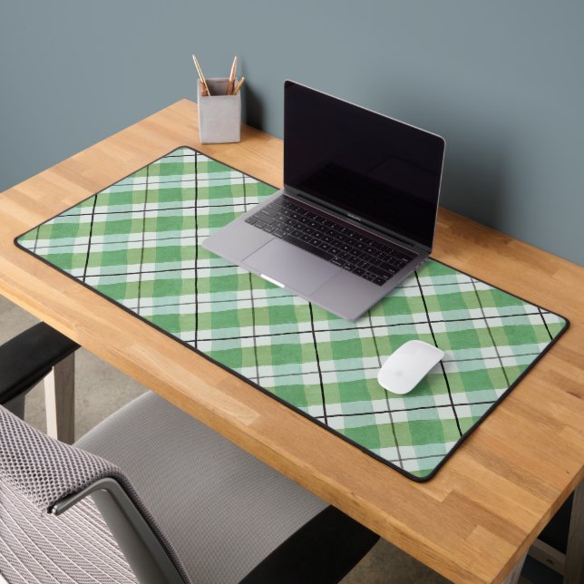 Angled Green White Tartan Plaid  Desk Mat (Office 2)