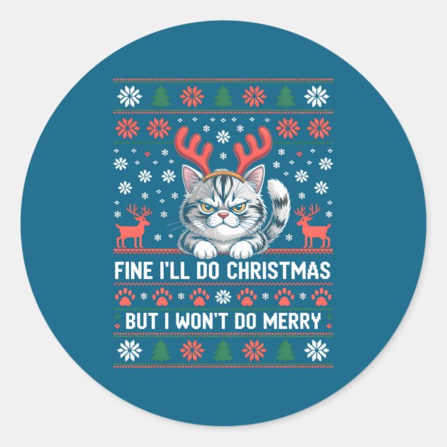 Angry Antler Cat Funny Xmas Ugly Sweater Long Slee Classic Round Sticker (Front)