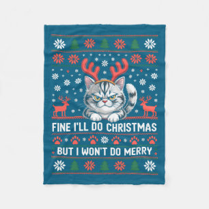 Angry Antler Cat Funny Xmas Ugly Sweater Long Slee Fleece Blanket