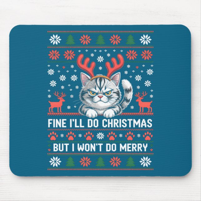 Angry Antler Cat Funny Xmas Ugly Sweater Long Slee Mouse Mat (Front)
