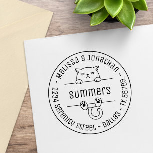 Angry Bad Tempered Cat Round Address 2 Rubber Stamp