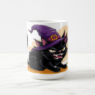 Angry Black Cat In Witch Hat Halloween Magic Glow Coffee Mug