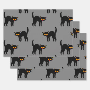 Angry Black Cat Yellow Eyes Grey Halloween Wrapping Paper Sheet