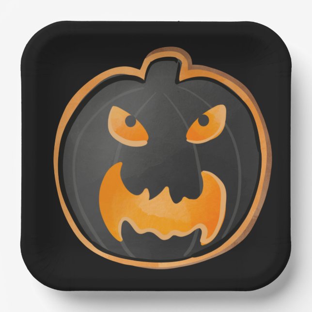 ANGRY BLACK ORANGE HALLOWEEN PUMPKIN PAPER PLATE (Front)