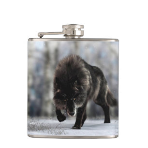 Angry black wolf hip flask